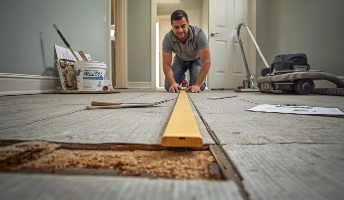 Contractor leveling uneven subfloor during flooring renovation in a Dallas, TX home to prevent squeaks and gaps