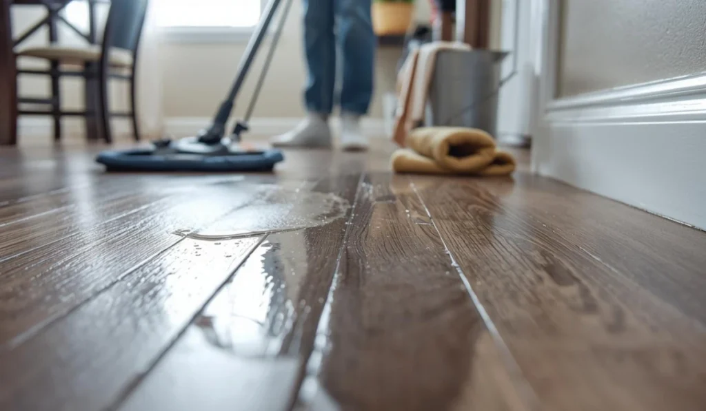 Overusing water while mopping vinyl plank floor, leaving puddles and streaks on wood-look planks