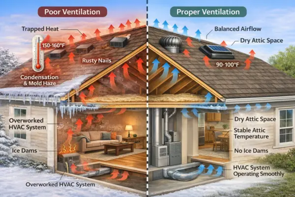 Cutaway illustration of a two-story home showing poor versus proper attic ventilation. Left side shows trapped heat, condensation, ice dams, and overworked HVAC. Right side shows balanced airflow through soffit and ridge vents, dry attic, stable temperature, and efficient HVAC performance.