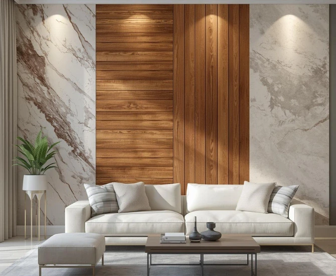 Modern living room with faux marble and wood slat accent wall panels behind a white sofa