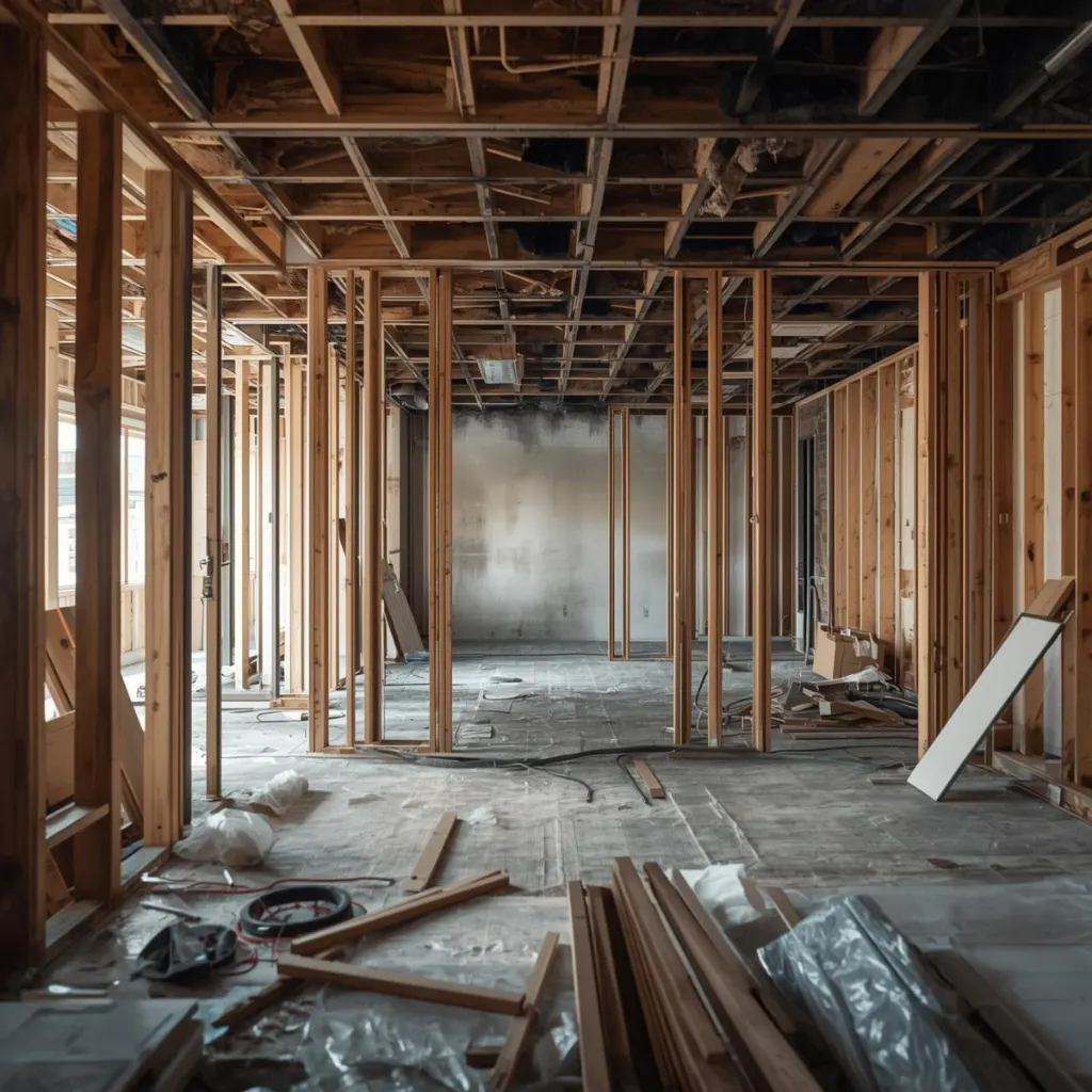 Fire damage restoration rebuild with exposed wall studs and open ceiling framing during full interior reconstruction