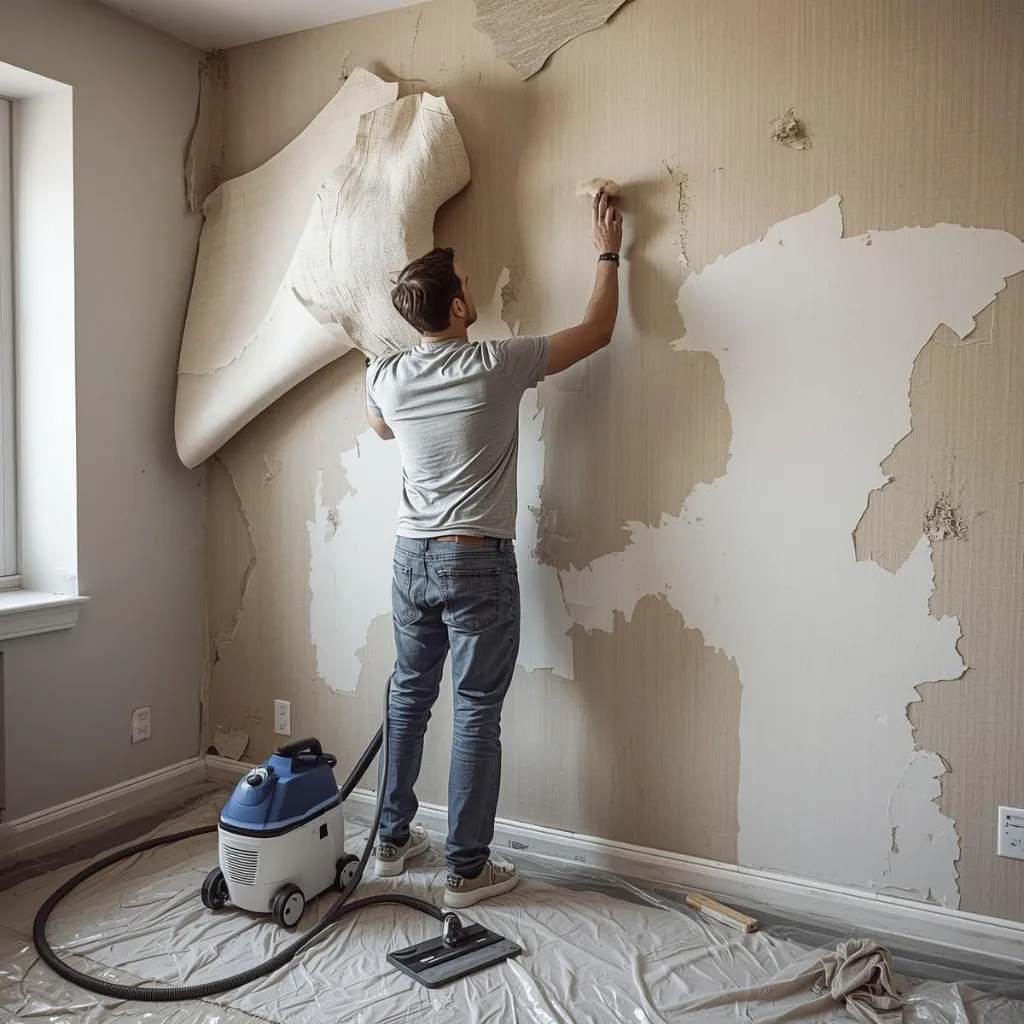 Contractor removing stubborn wallpaper with steamer and scraper as large sheet peels from wall
