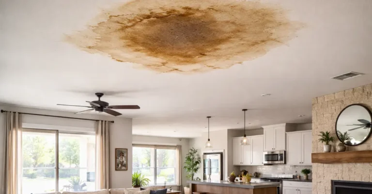 Brown water stain on ceiling caused by an active roof leak in a Dallas Texas home