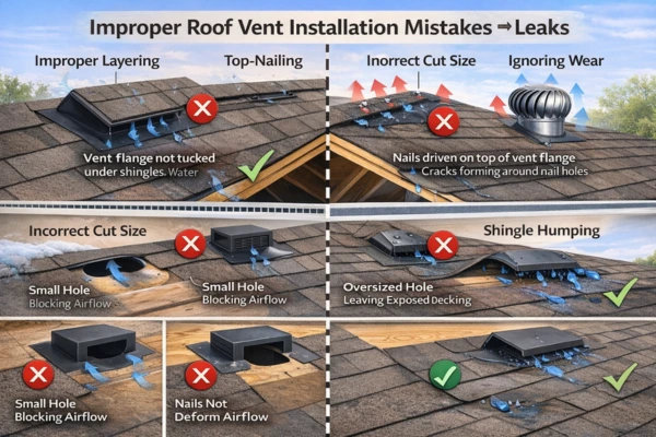 Cutaway roof illustration showing common roof vent installation mistakes, including improper shingle layering, top-nailing, incorrect vent cut size, storm-damaged vents, and shingle humping that allow water to leak into the attic.
