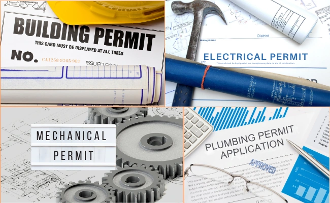 Building, mechanical, and plumbing permit documents for room addition project with plans and measuring tape