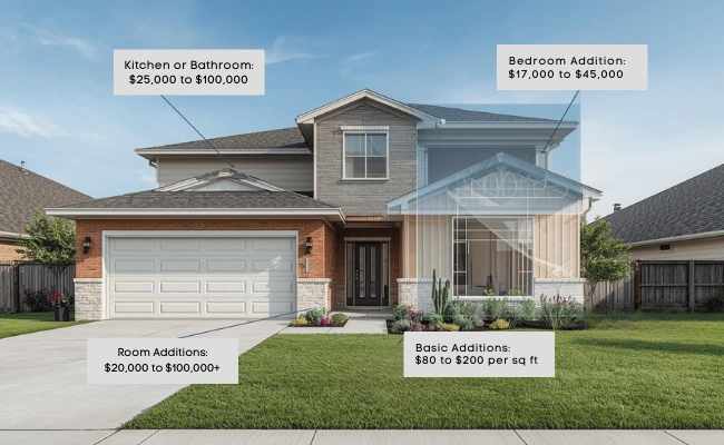 Room addition cost infographic on suburban home showing price ranges for bedroom, kitchen, bathroom, and basic additions
