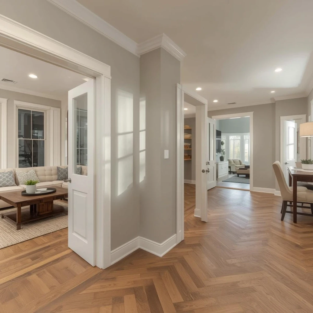 Finished home addition interior with new doorway, fresh paint, recessed lighting, and herringbone wood flooring