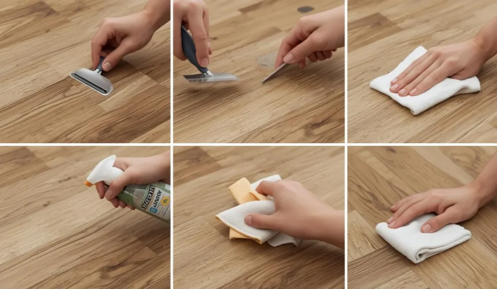 Step-by-step stain removal on luxury vinyl plank flooring using scraper, cleaner spray, and microfiber cloth