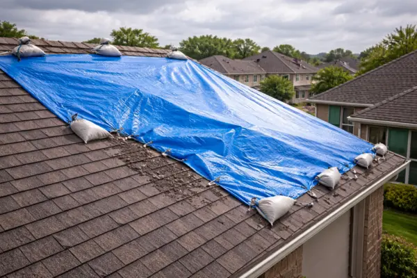 Temporary tarp covering roof damage to stop an active roof leak in Dallas
