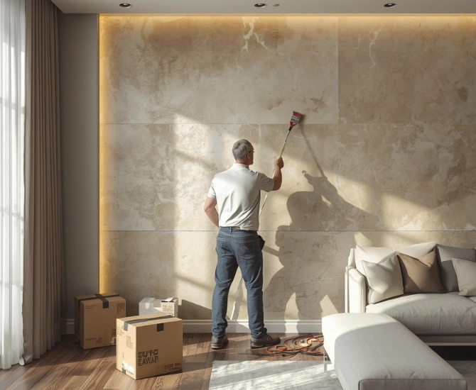 Professional faux finishing painter applying decorative wall finish with roller on a large textured accent wall in a modern living room.