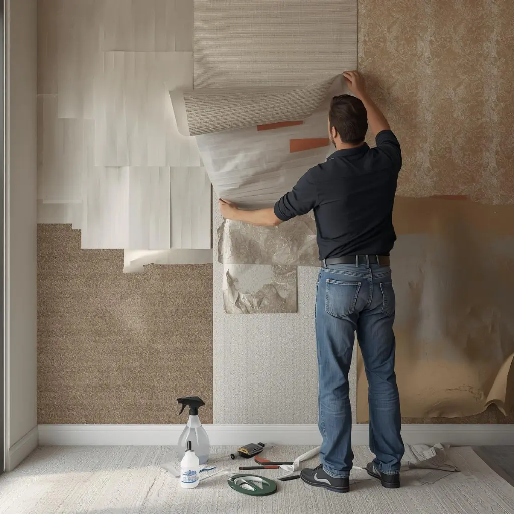 Contractor removing multiple wallpaper layers from wall during professional wallpaper removal service