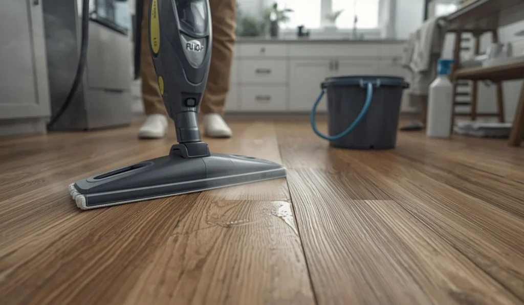Using harsh floor cleaner on vinyl plank flooring, with damp mop and cleaning bucket in kitchen background