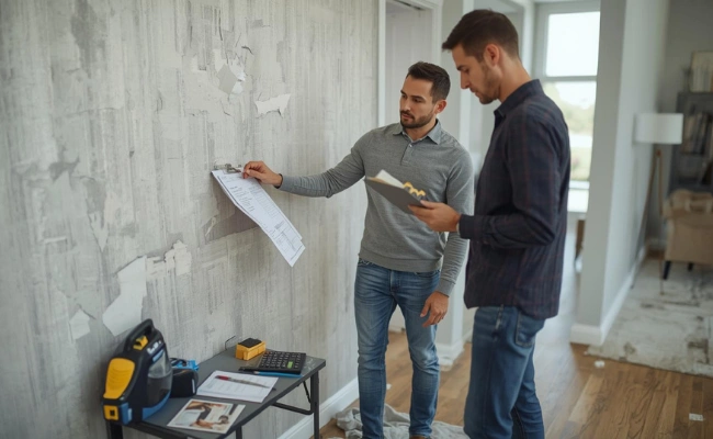 Contractor and homeowner reviewing wallpaper removal estimate and wall condition during in-home consultation