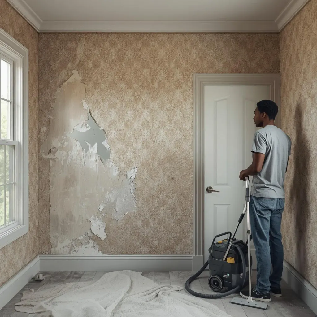 Homeowner preparing for wallpaper removal with peeled wall section and steam stripper in room