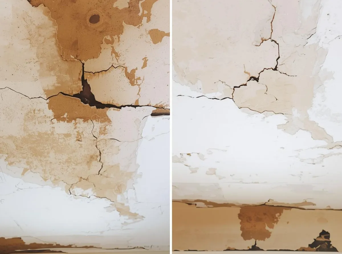 Two side-by-side images show a ceiling with significant cracks and peeling paint. The left image has darker stains and larger cracks, while the right shows similar damage in lighter tones. The tone is neglected and damaged.