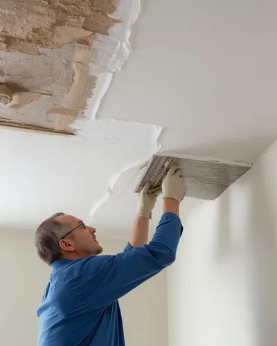 A man in a blue shirt and gloves repairs a damaged ceiling with plaster. The ceiling shows signs of peeling, creating a focused, diligent atmosphere.