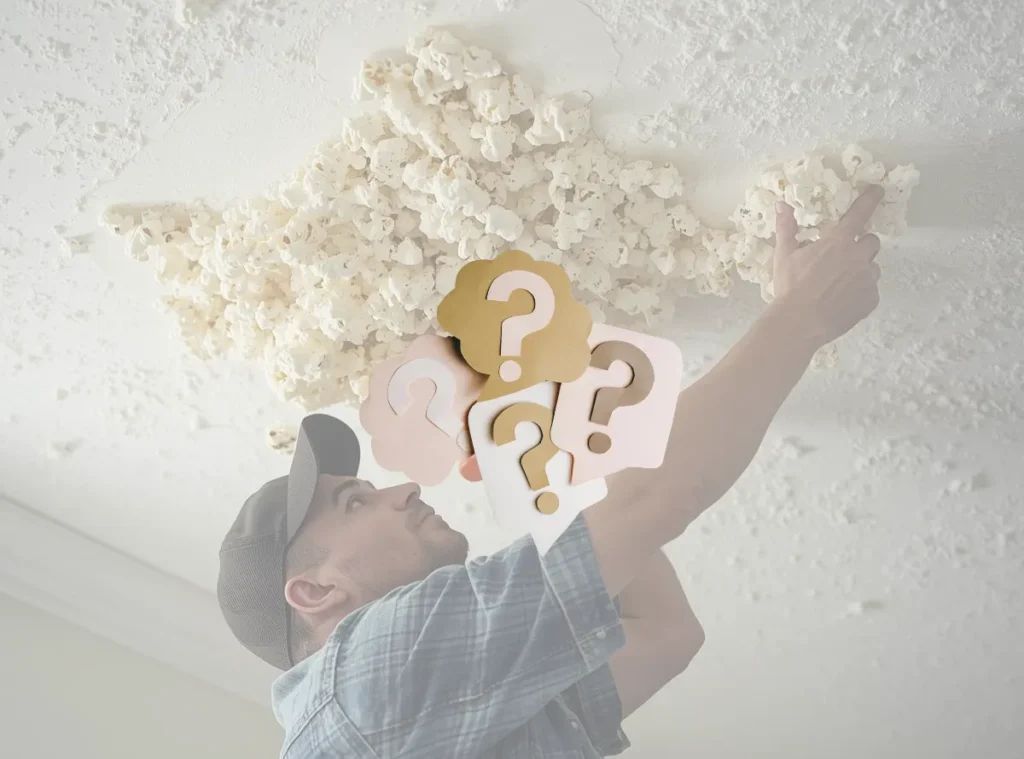 A man in a cap reaches up to touch a popcorn-textured ceiling, looking puzzled. Overlay of large question marks suggests confusion or inquiry.