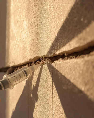 A syringe-like tool injects material into the gap between beige textured bricks, illuminated by sunlight, casting distinct shadows on the wall.