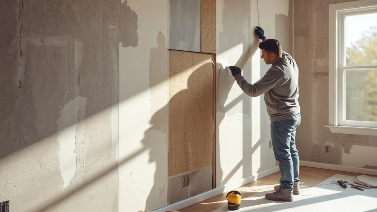 A person in a gray hoodie and jeans smooths drywall in a sunlit room. Tools and a bucket are on the floor, with light streaming through a window.