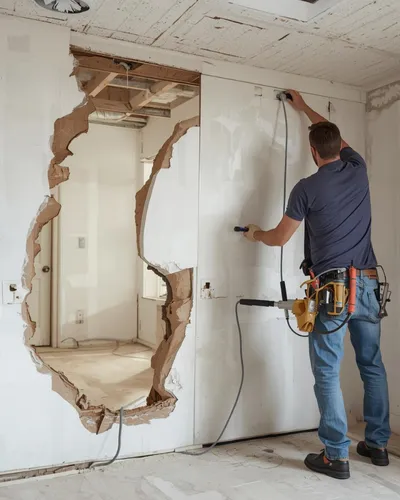 A man in casual attire uses a tool to cut drywall, revealing a large, unfinished hole in a wall. Sunlight illuminates the beige room beyond. Renovation scene.