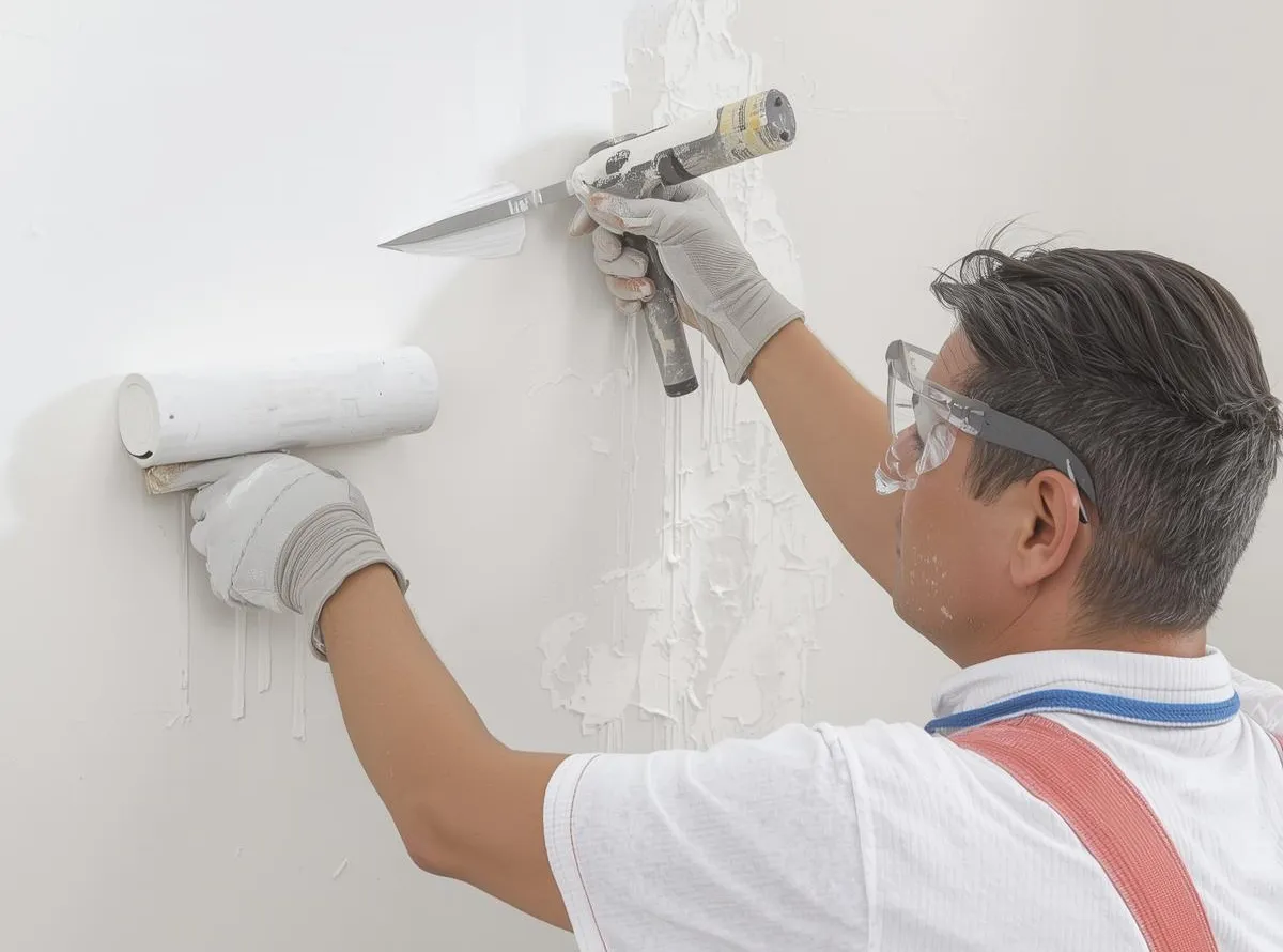 A person wearing safety goggles and gloves uses a roller and putty knife to smooth white plaster on a wall. The scene is focused and industrious.