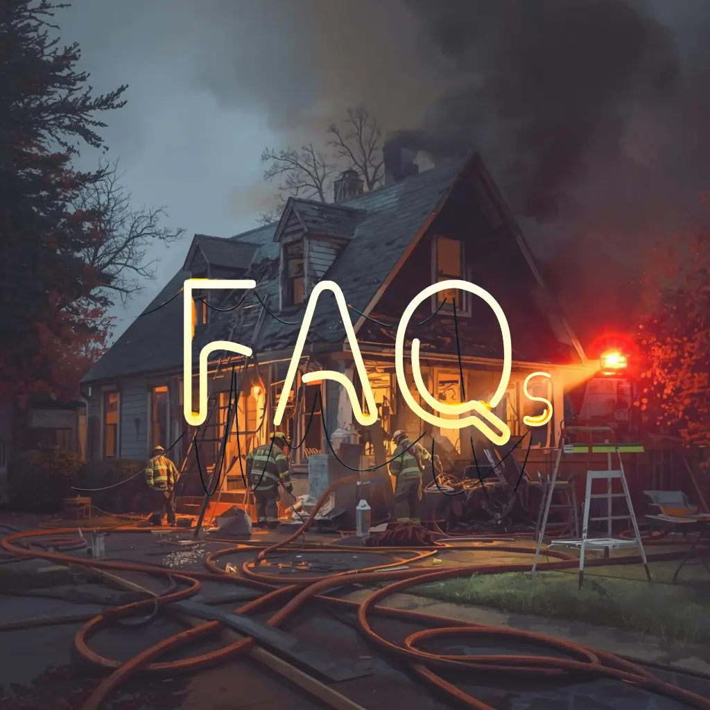 A group of firefighters in full protective gear battling a house fire at sunset, with large yellow neon text reading 'FAQs' in the foreground.