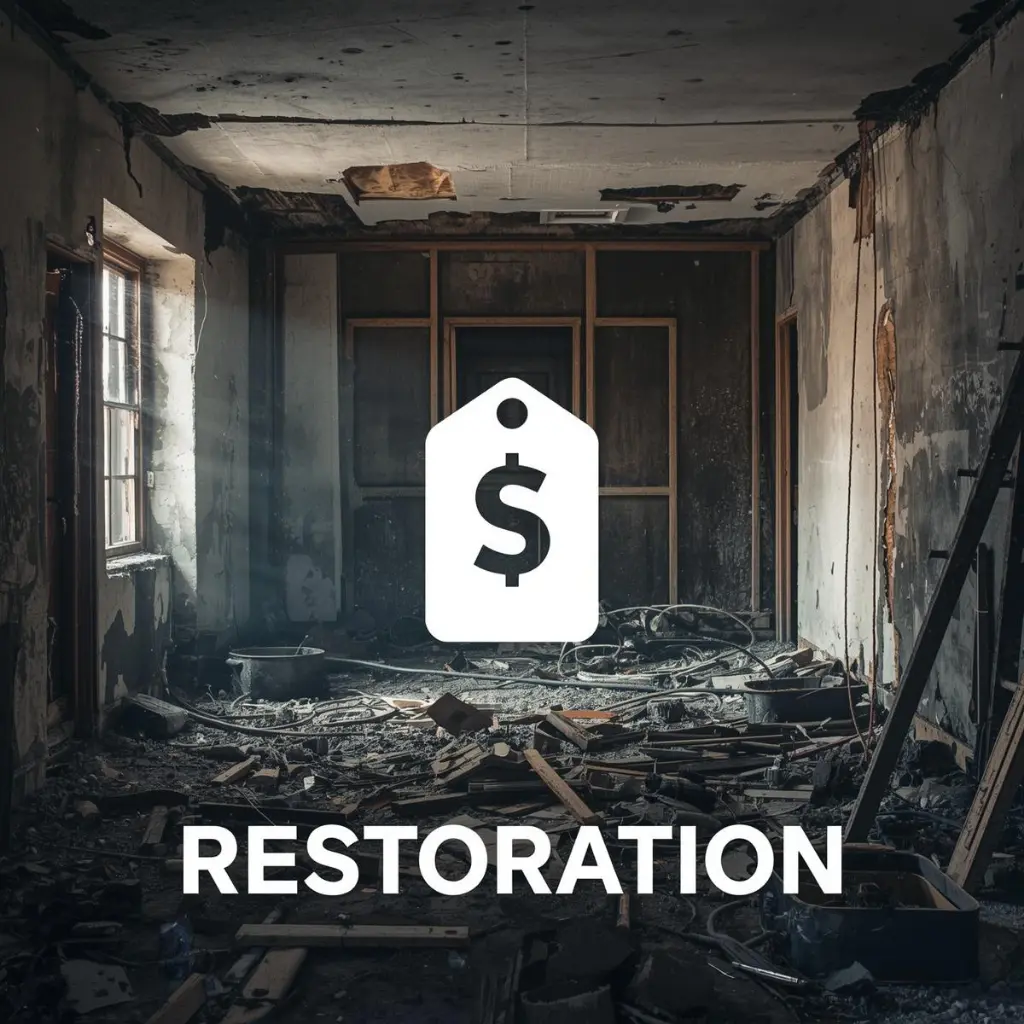 A dilapidated, dimly lit room with debris and peeling walls. Sunlight streams through a window. A price tag icon with a dollar symbol and "Restoration" text is overlayed. The scene conveys neglect and potential for renewal.