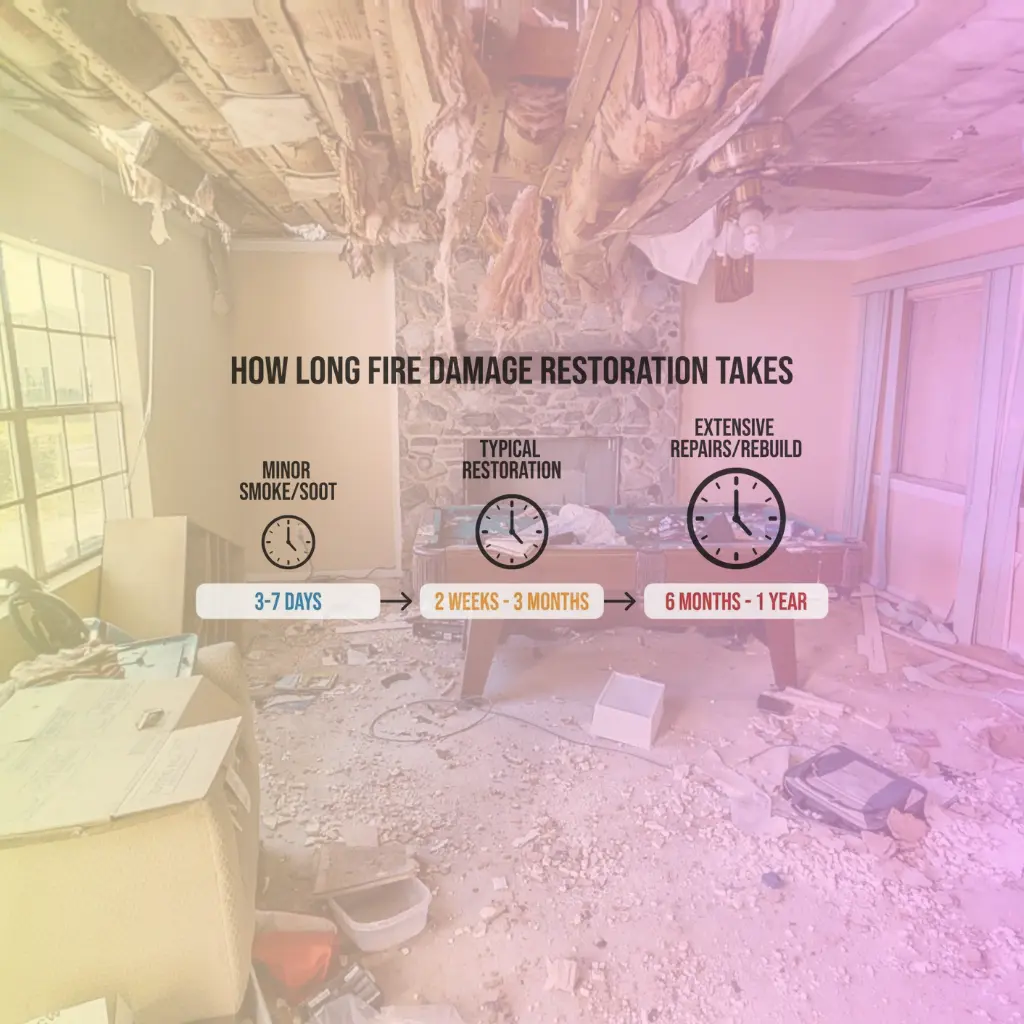 An infographic overlay on a fire-damaged room titled 'How Long Fire Damage Restoration Takes,' showing three stages: minor smoke/soot (3-7 days), typical restoration (2 weeks - 3 months), and extensive repairs (6 months - 1 year).