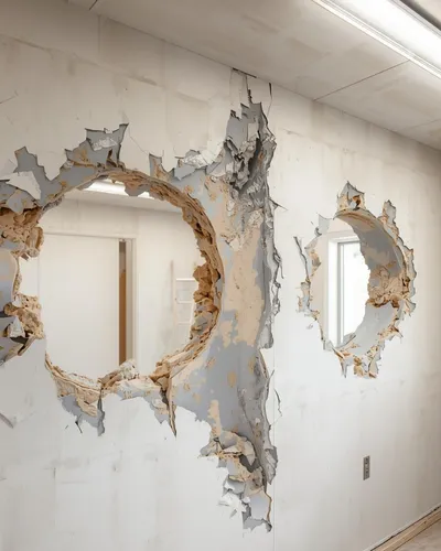 Two large, jagged holes in a white wall reveal an adjacent room. The wall's damaged paint and plaster create a rough texture. The scene feels chaotic.