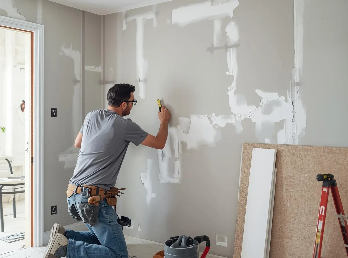 A person wearing safety goggles and gloves uses a roller and putty knife to smooth white plaster on a wall. The scene is focused and industrious.