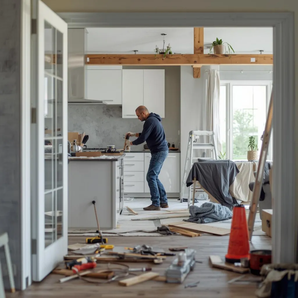 Contractor working inside a home living area with tools and materials set up for renovation.
