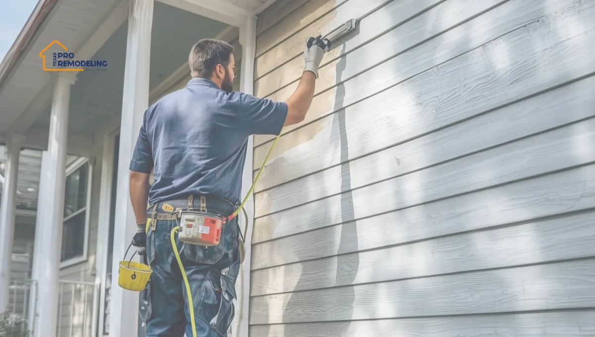 A man in work attire paints a blue house exterior using a paint roller. He stands on the right, partly shaded, with tools attached to his belt.