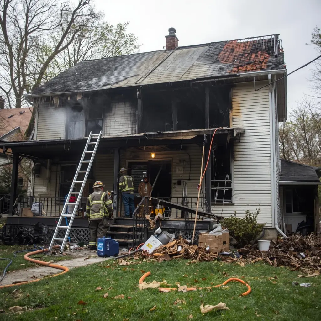 Firefighters inspect a charred, two-story house with fire damage on the roof. A ladder leans against the porch. Debris litters the lawn. Somber mood.