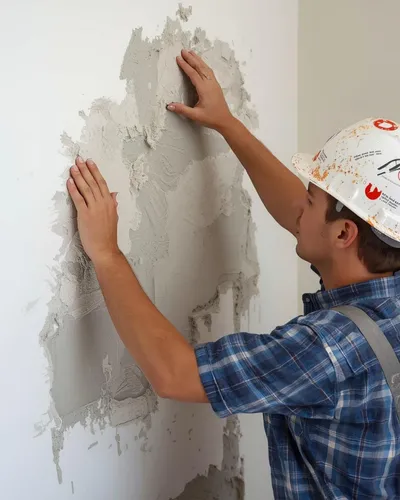 A construction worker in a hard hat and plaid shirt applies plaster to a white wall, focusing intently. The scene conveys diligence and craftsmanship.