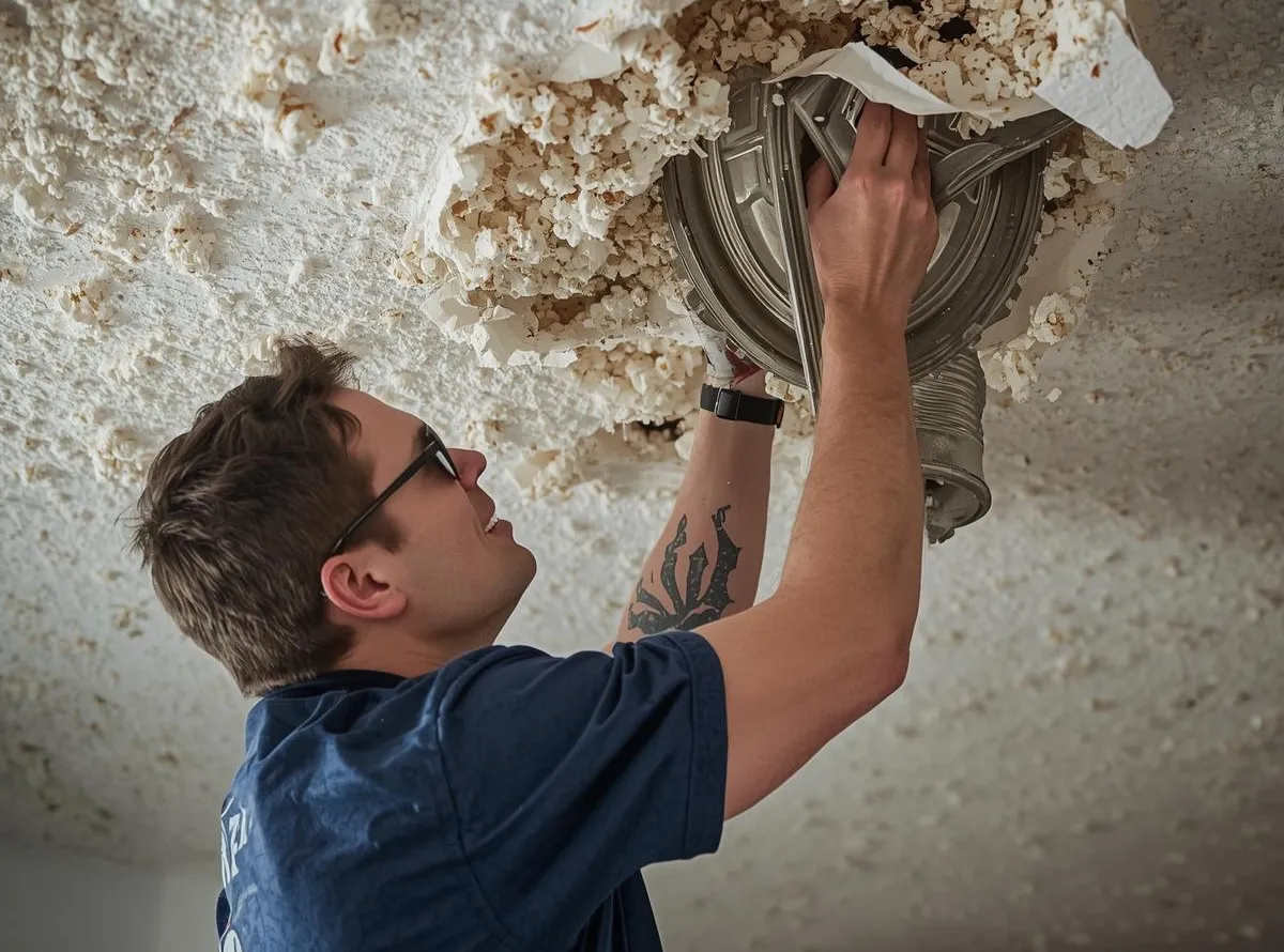 A professional technician with a forearm tattoo carefully removing a popcorn ceiling texture around a recessed light fixture in a residential home.