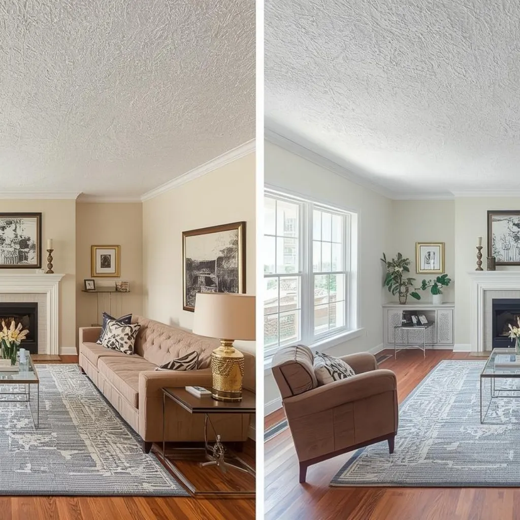 Before and after living room showing popcorn ceiling replaced with a smoother ceiling finish.
