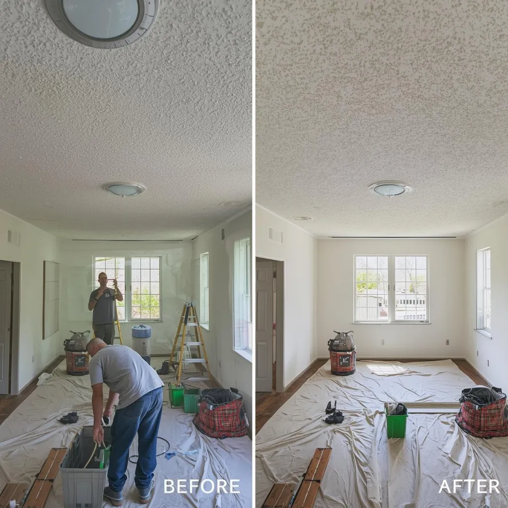Before and after room showing popcorn ceiling updated to a smoother ceiling surface