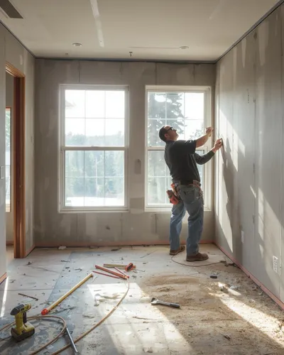A construction worker measures a wall in a sunlit, unfinished room. Tools and dust on the floor reflect ongoing renovation with a focused, determined atmosphere.