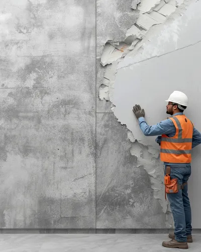 A construction worker in a safety vest and hard hat stands indoors, peeling off plaster from a grey concrete wall, revealing layers beneath. The scene feels industrious and focused.