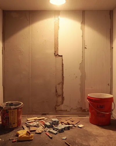 A dimly lit, partially renovated wall with exposed plaster. Buckets and scattered tiles on the floor hint at ongoing construction work. Calm, focused atmosphere.
