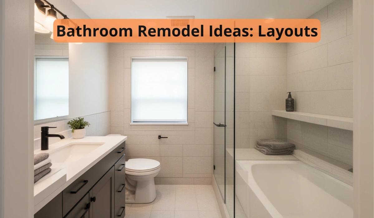 Modern bathroom remodel layout with double vanity, glass shower, built in tub, and light tile walls in a clean contemporary design.