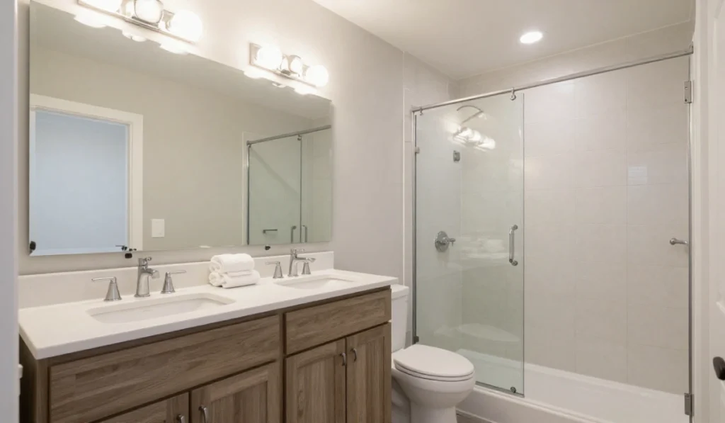After refresh kitchen remodel with white shaker cabinets, quartz island, subway tile backsplash, recessed lighting, and stainless steel appliances