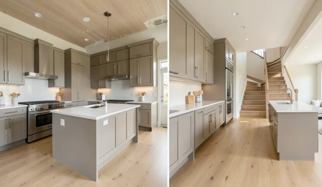 Kitchen remodel comparison showing an island layout versus a peninsula layout with gray cabinets, white countertops, and open floor plan flow