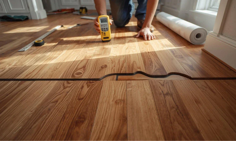 Contractor checking hardwood floor moisture levels to prevent warping and cupping in a Dallas, TX home
