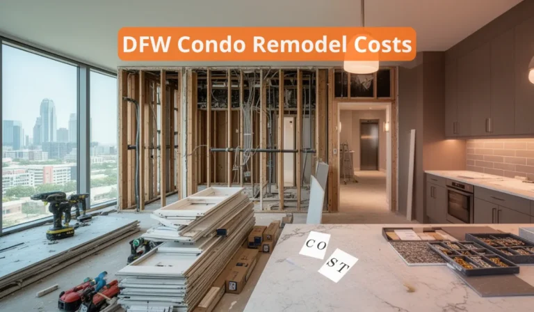 Interior condo renovation scene in the Dallas-Fort Worth area with demolition framing, construction tools, and remodel materials staged near a modern kitchen. The Dallas skyline is visible through large windows, making this image ideal for content about DFW condo remodeling costs, budgeting, and project planning.