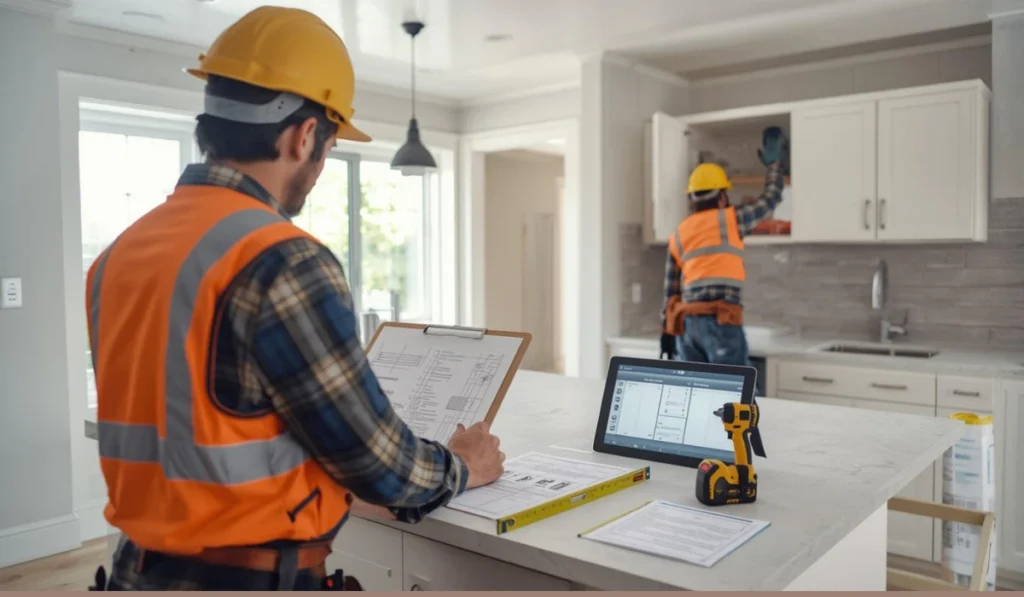 Contractor inspecting kitchen remodel with checklist and tools to ensure quality work in Dallas TX home renovation.