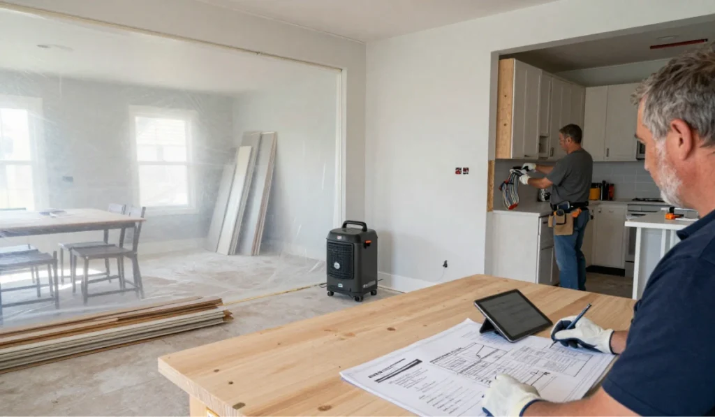 Remodeling contractor reviewing renovation plans on a tablet while another worker installs kitchen cabinetry in a dust-protected work area