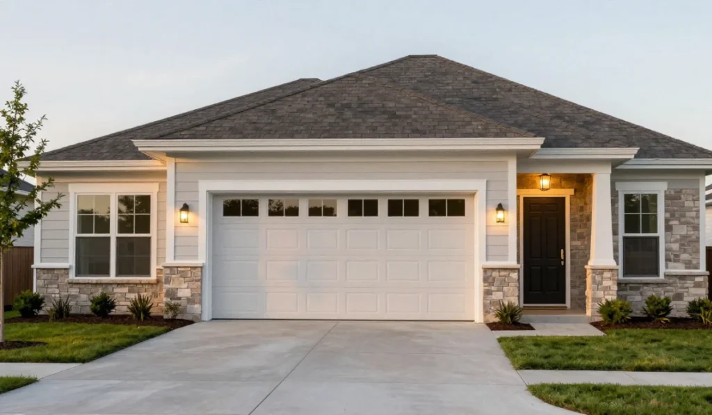 Dallas home exterior upgrade with new garage door, fresh siding, stone veneer accents, and updated porch lighting for curb appeal