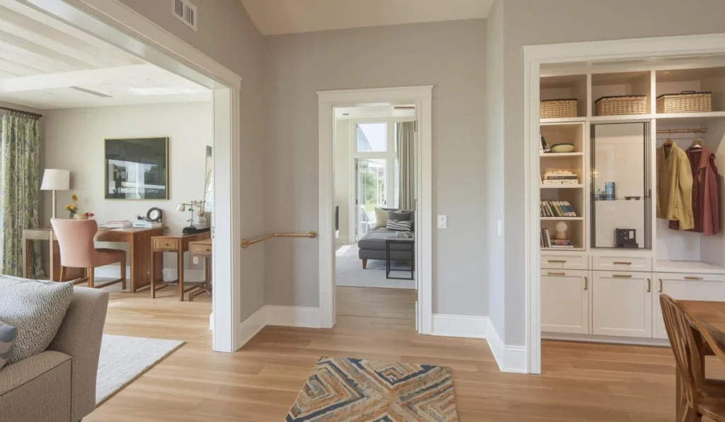 Family friendly home layout with open doorway, hardwood floors, and custom built-in storage closet