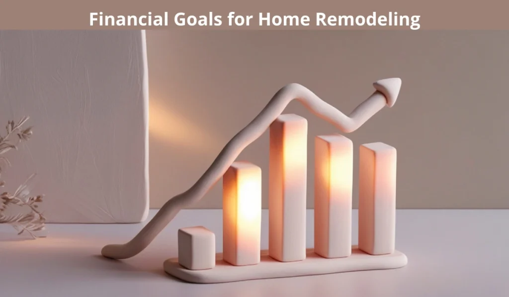 Rising bar chart with upward arrow showing financial goals for home remodeling and ROI planning.